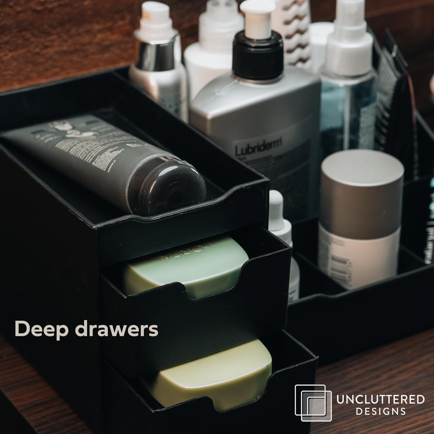 Uncluttered Designs Large Black Vanity Organizer - Countertop Mens Organizer With Drawers for Cologne, Deodorant, Beard, Shaving Lotion, Perfume &amp; Skincare - Perfect for Bathroom &amp; Bedroom Storage - Homesidy.com