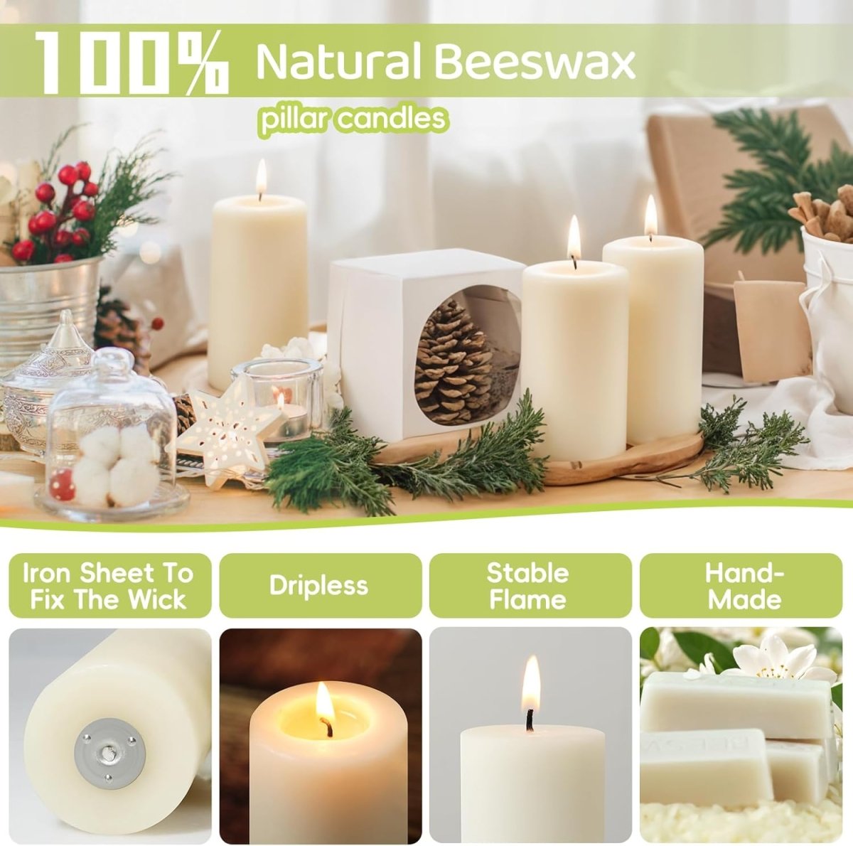 Natural Beeswax Pillar Candles,100% Pure Beeswax Candles - 258 Hours Long Burning,Off - White Unscented Bees Wax Candles for Home,Prayer,Dripless Smokeless Organic Pillar Candles Bulk - 2x4in - 6 Pack - Homesidy.com