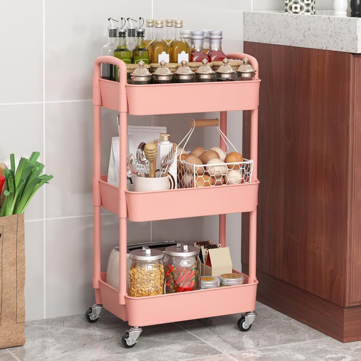 Sywhitta 3 - Tier Plastic Rolling Utility Cart with Handle, Multi - Functional Storage Trolley for Office, Living Room, Kitchen, Movable Storage Organizer with Wheels, White - Homesidy.com