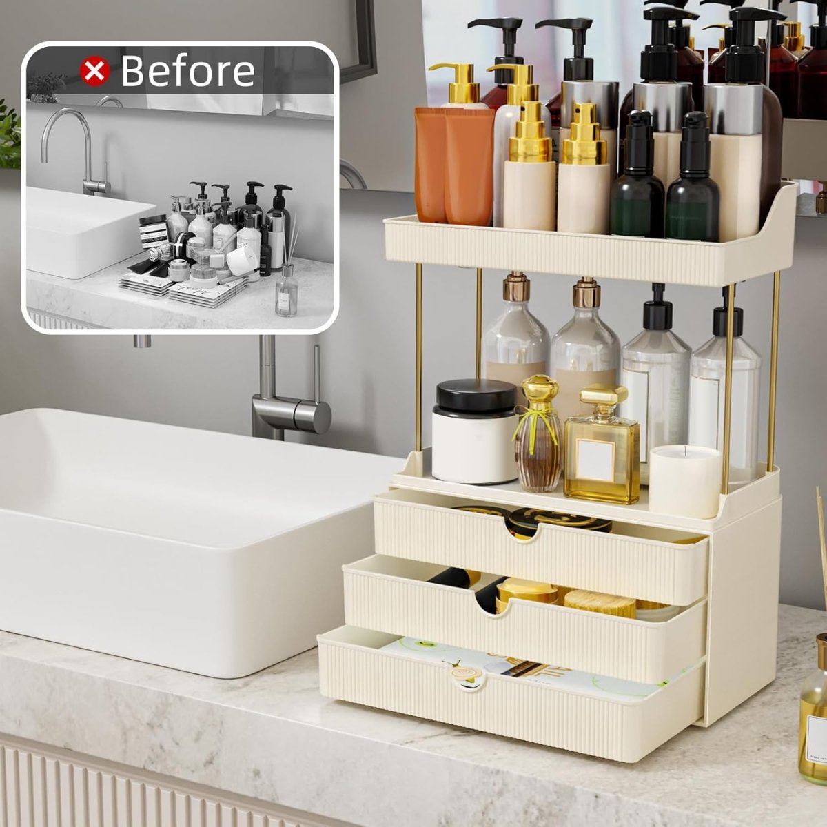 StorBin 3 Drawers Makeup Organizer - 5 Tier Bathroom Counter Organizers and Storage, Versatile Perfume Vanity Organizer, Ideal for Cosmetic, Large Skincare, Face Mask, Office Supplies, Amber - Homesidy.com
