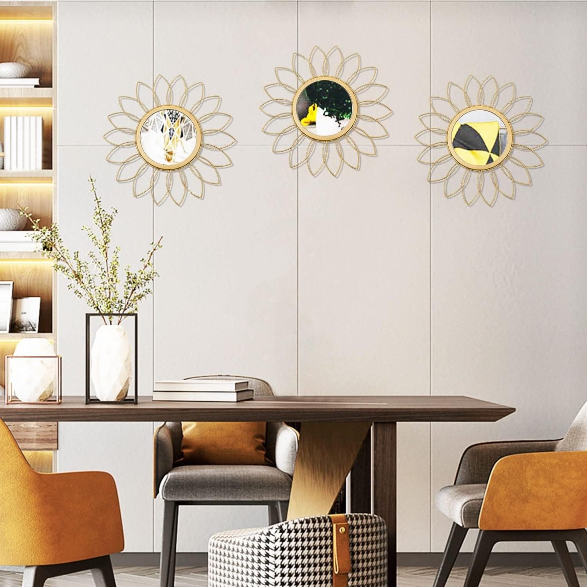 3 Pack Metal Mirrors for Wall Sunburst Wall Mirrors Home Décor Decorative Hanging Wall Art for Living Room Bedroom Entryway (Gold, Flower Sunburst) - Homesidy.com