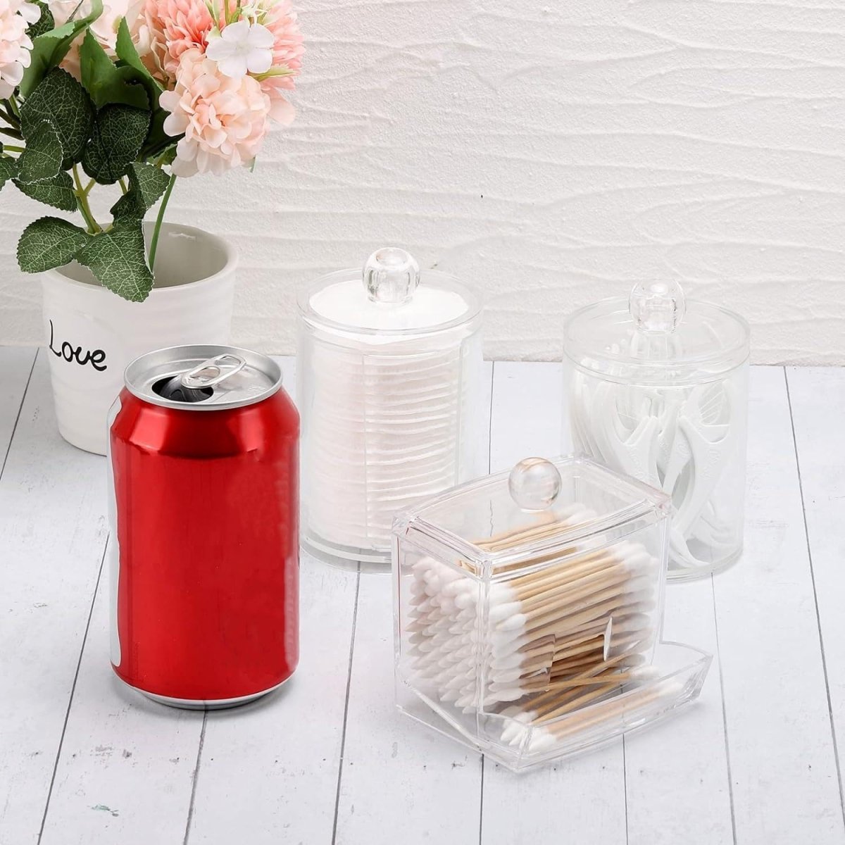 Tbestmax Qtips Holder Bathroom Container, 10 OZ Cotton Ball/Swabs Dispenser, Apothecary Jar Organizer for Storage Brown Wood Lids - Homesidy.com