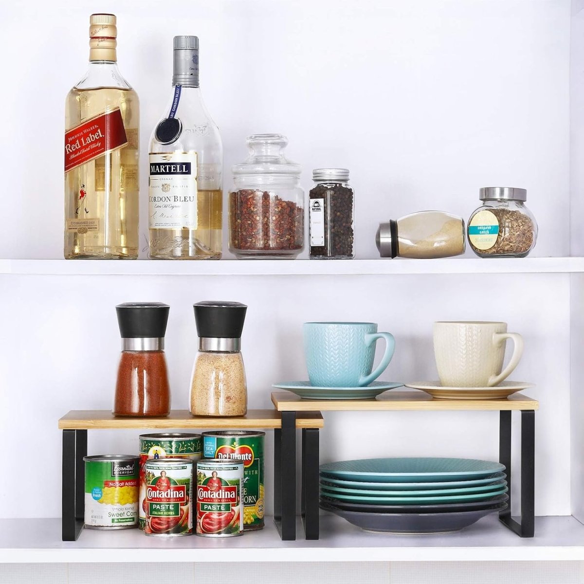 NEX Bamboo Kitchen Cabinet and Counter Shelf Organizer, Stackable &amp; Expandable, Set of 4, White and Natural - Homesidy.com