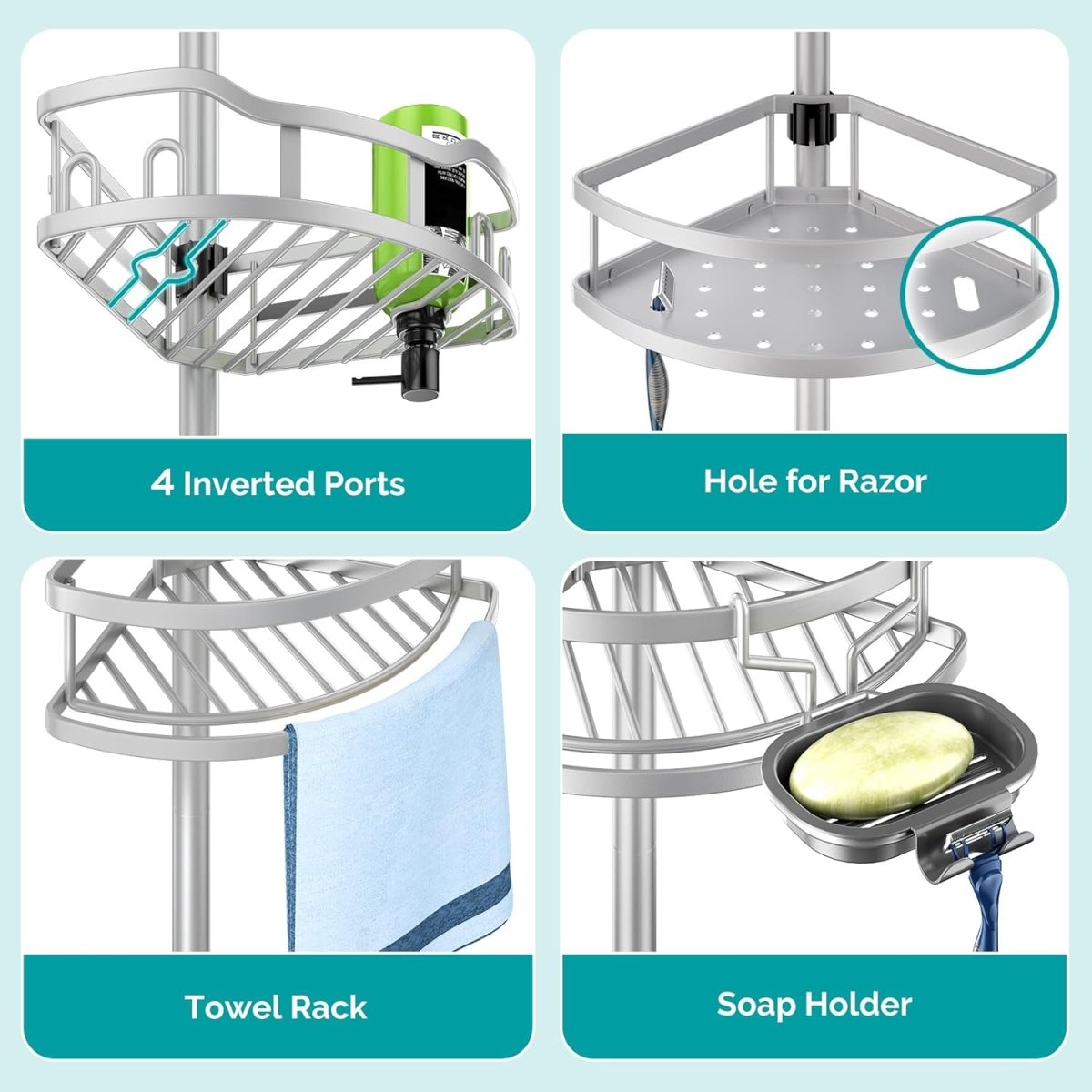 HAMITOR Corner Shower Caddy Tension Pole: Rustproof 4 - Tier Bathroom Organizer Shelves for Bathtub Shampoo Storage - 47 - 121 Inch Quick Install Adjustable Rod Standing Rack with Soap Rack - Silver Gray - Homesidy.com