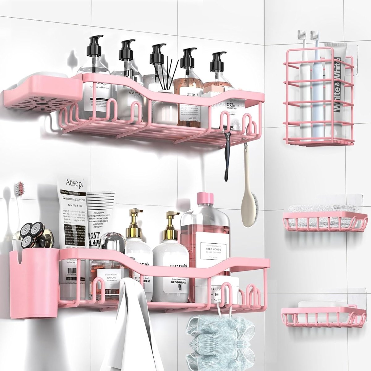 NESOMI Shower Caddy Adhesive Shower Organizer 7 - Pack, Rustproof Stainless Steel Bathroom Shelves, Large Capacity No - Drill Rack Storage Accessories with Soap Dish Toothbrush Holder &amp;24 Hooks Home Decor - Homesidy.com