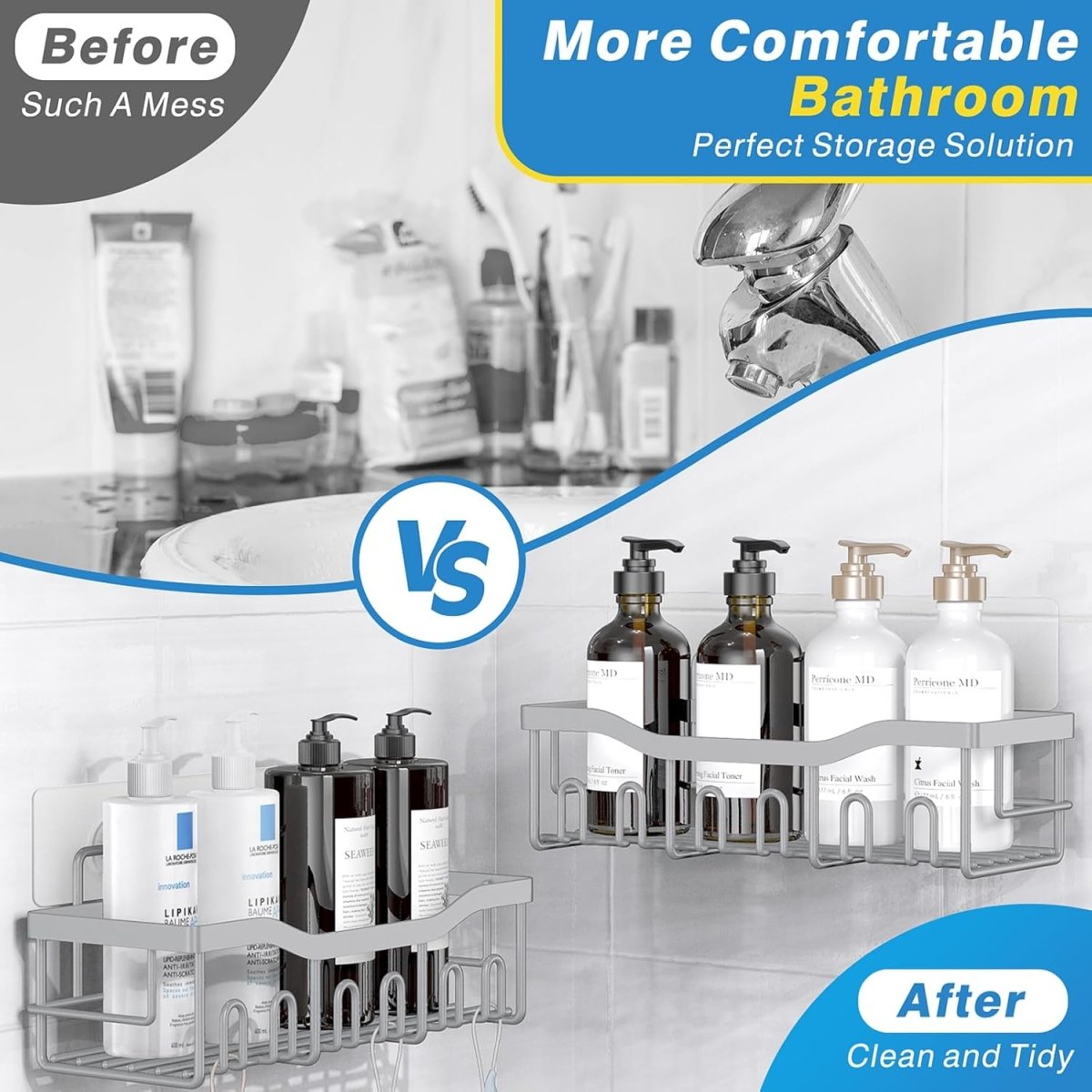 EUDELE 5 - Pack Rustproof Stainless Steel Shower Caddy Set– No Drill Adhesive Bathroom Organizer, Space - Saving Shower Shelves for Apartment Essentials, Bathroom/Kitchen Storage Home Decor - L Size - Homesidy.com