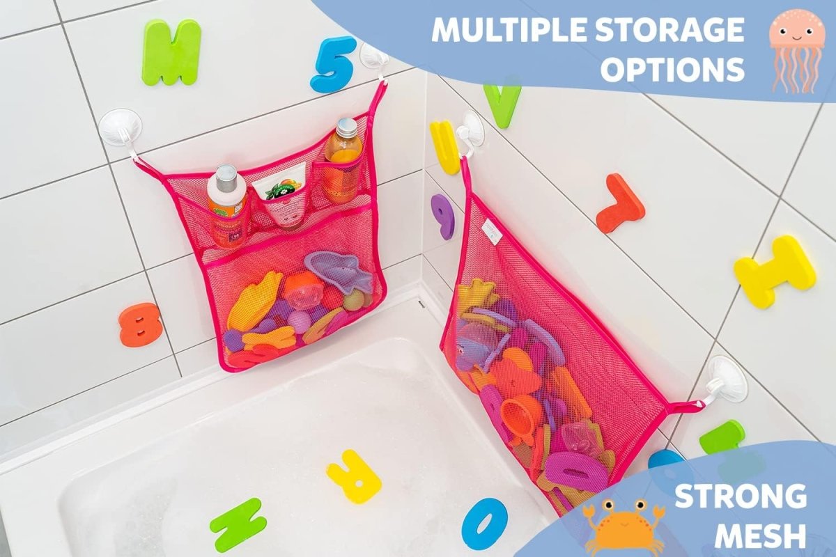 2 x Mesh Bath Toy Organizer 8 Ultra Strong Hooks – The Perfect Bathtub Toy Holder &amp; Bathroom or Shower Caddy – These Multi - use Net Bags Make Baby Bath Toy Storage Easy – For Kids &amp; Toddlers - Homesidy.com
