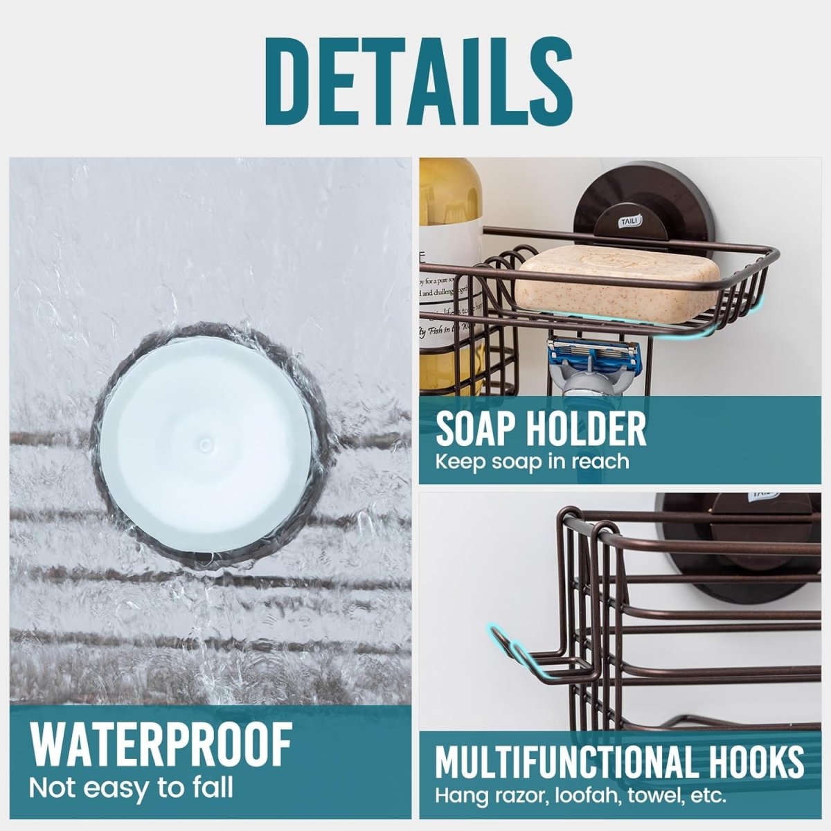 TAILI Shower Caddy Suction Cup 2 Pack with Hooks &amp; Soap holder, Heavy Duty Shower Organizer for Bathroom, No Drilling Bathroom Organizer with Large Capacity, Black Metal Storage Basket - Homesidy.com