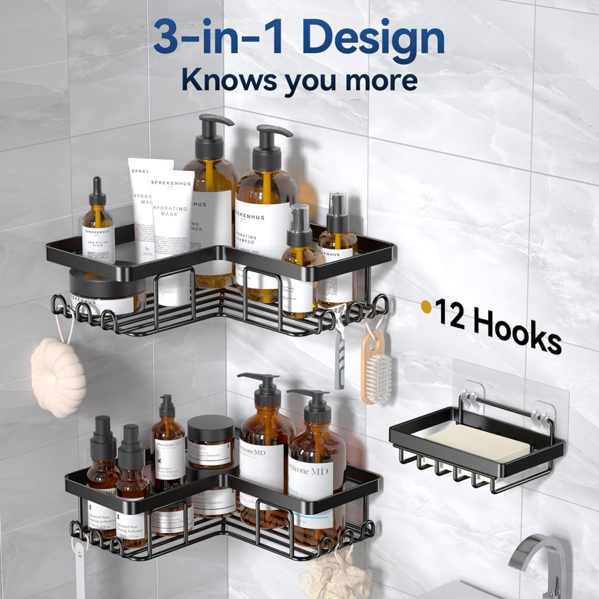 YASONIC Corner Adhesive Shower Caddy, with Soap Holder and 12 Hooks, Rustproof Stainless Steel Bathroom Organizer, No Drilling Wall Mounted Rack, Black, 3 - Pack - Homesidy.com