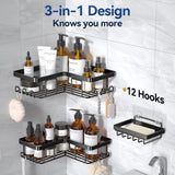 YASONIC Corner Adhesive Shower Caddy, with Soap Holder and 12 Hooks, Rustproof Stainless Steel Bathroom Organizer, No Drilling Wall Mounted Rack, Black, 3 - Pack - Homesidy.com