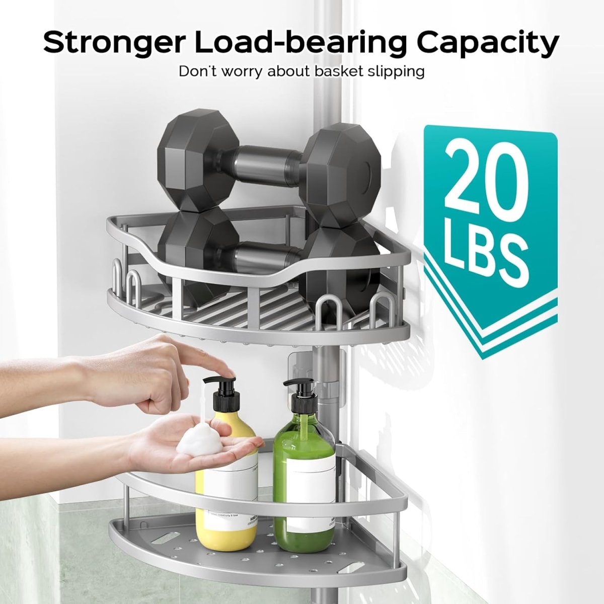 HAMITOR Corner Shower Caddy Tension Pole: Rustproof 4 - Tier Bathroom Organizer Shelves for Bathtub Shampoo Storage - 47 - 121 Inch Quick Install Adjustable Rod Standing Rack with Soap Rack - Silver Gray - Homesidy.com