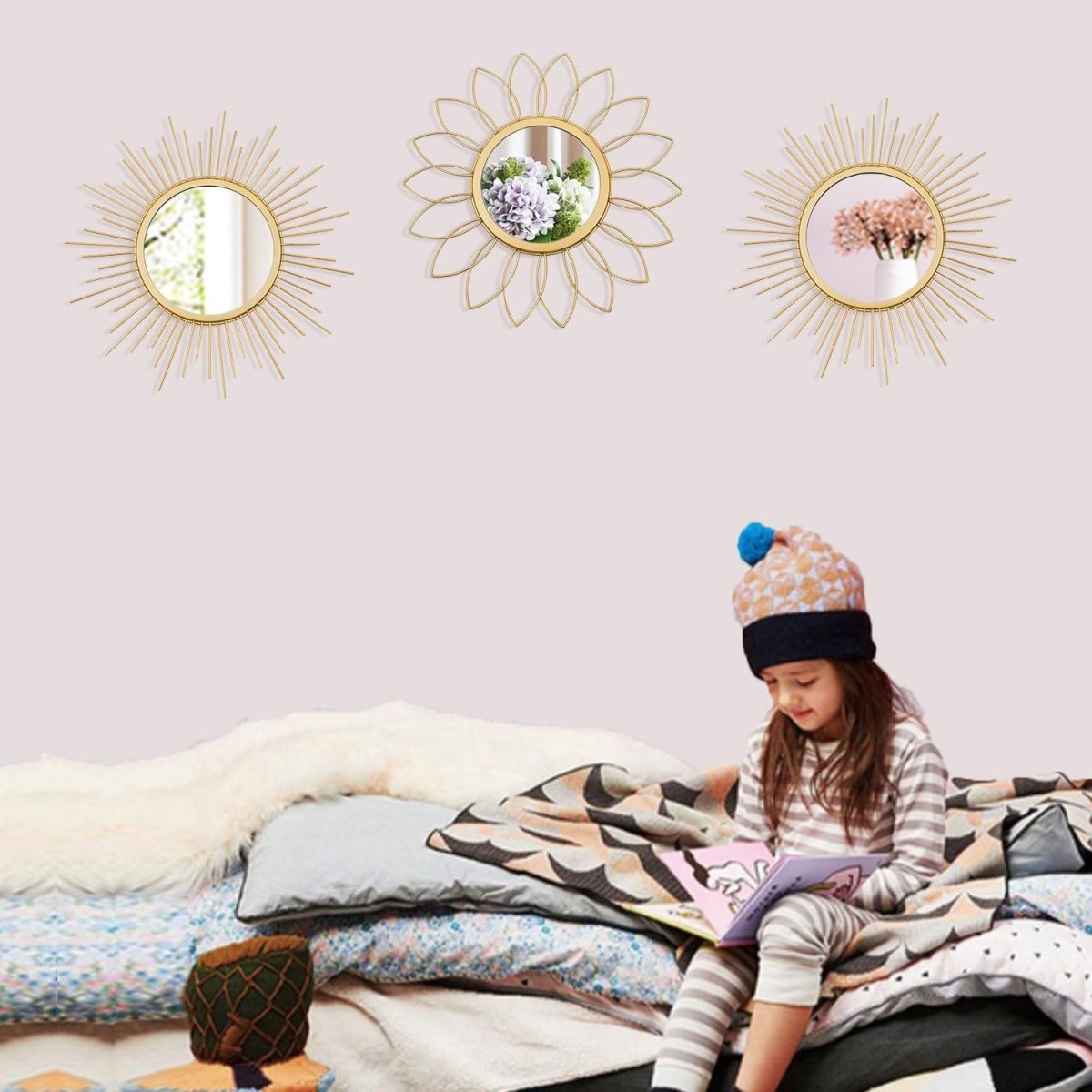 3 Pack Metal Mirrors for Wall Sunburst Wall Mirrors Home Décor Decorative Hanging Wall Art for Living Room Bedroom Entryway (Gold, Flower Sunburst) - Homesidy.com