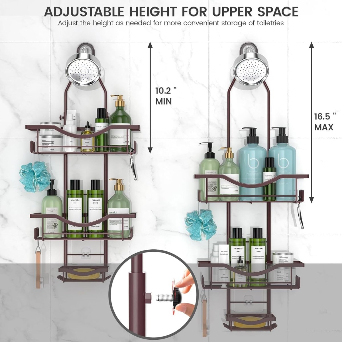 Shower Caddy Hanging Adjustable Shower Caddy, Rustproof Shower Organizer Extended Length Shower Caddy Over Shower Head with Hooks Soap Holder, Large Capacity Anti - Swing Bathroom Organizer, Black - Homesidy.com