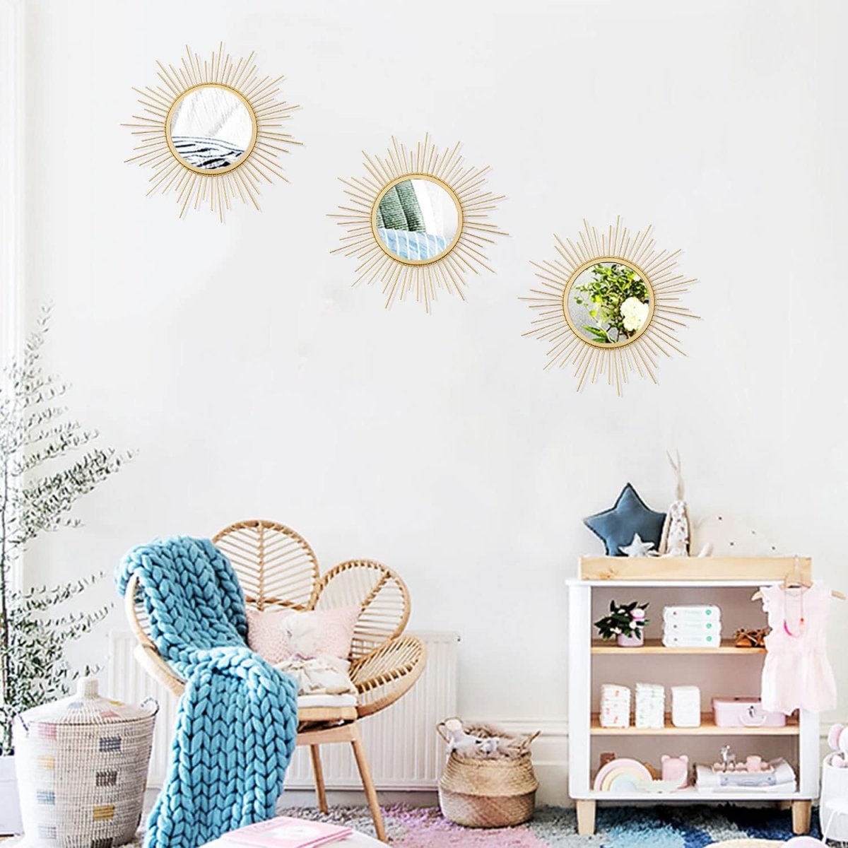 3 Pack Metal Mirrors for Wall Sunburst Wall Mirrors Home Décor Decorative Hanging Wall Art for Living Room Bedroom Entryway (Gold, Flower Sunburst) - Homesidy.com