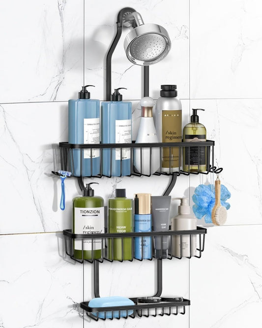 MSAICOE Shower Caddy Hanging - Never Rust Shower Hanging Organizer - Aluminum Over the ShowerHead Caddy with Soap Basket and 6 Hooks for Razor/Sponge (Black) - Homesidy.com