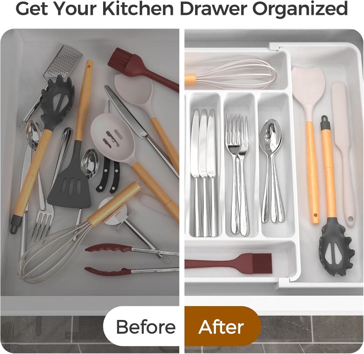 ukeetap Extra Large Expandable Silverware Organizer, BPA - Free Food - Safe Cutlery Flatware Organizer, Kitchen Utensil Drawer Organizer, Adjustable Silverware Holder for Spoons Forks Knives, Black - Homesidy.com