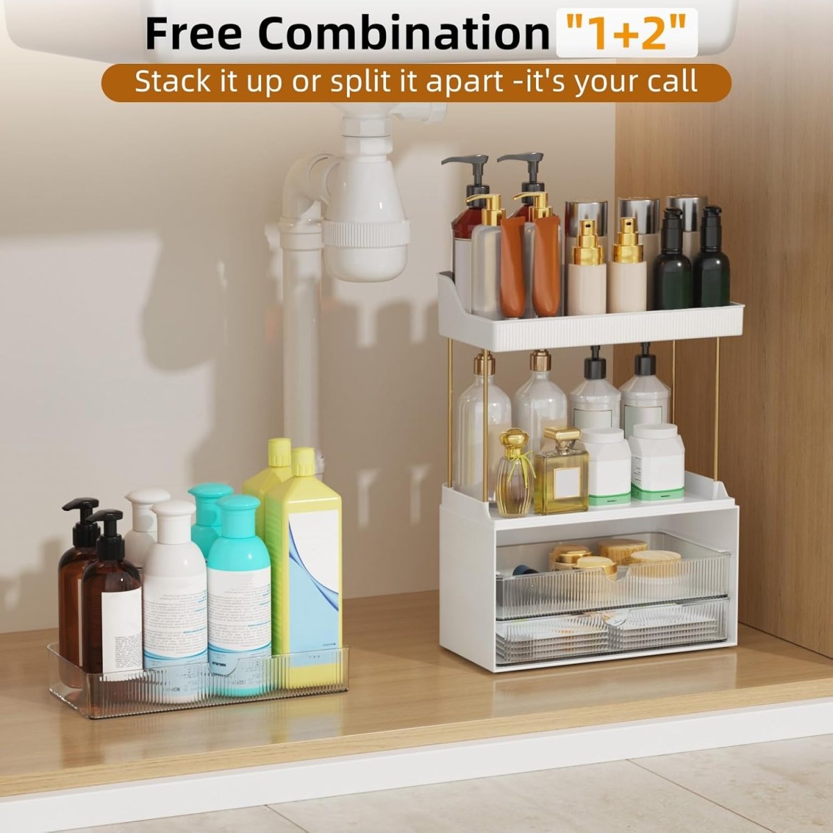 StorBin 3 Drawers Makeup Organizer - 5 Tier Bathroom Counter Organizers and Storage, Versatile Perfume Vanity Organizer, Ideal for Cosmetic, Large Skincare, Face Mask, Office Supplies, Amber - Homesidy.com