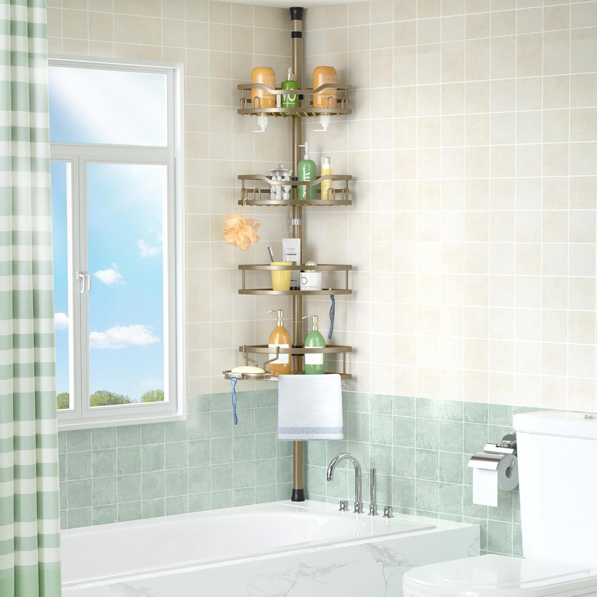 HAMITOR Corner Shower Caddy Tension Pole: Rustproof 4 - Tier Bathroom Organizer Shelves for Bathtub Shampoo Storage - 47 - 121 Inch Quick Install Adjustable Rod Standing Rack with Soap Rack - Silver Gray - Homesidy.com