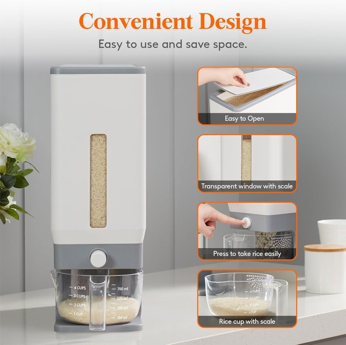 Lifewit Rice Dispenser 25 Lbs(11.3kg), Rice Storage Container Sealed Moisture Proof with Measuring Cup for Kitchen Pantry Household, BPA - Free, 1 Pack - Homesidy.com