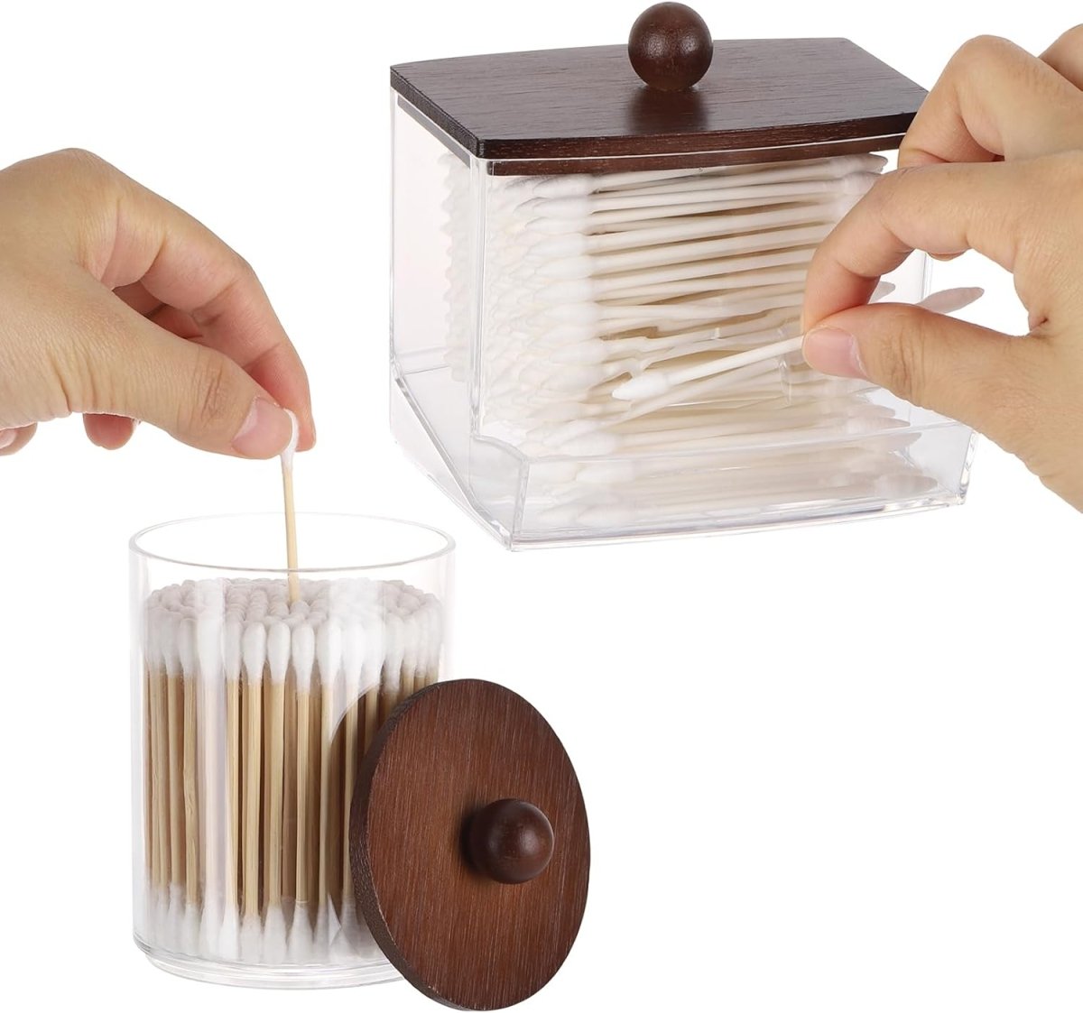 Tbestmax Qtips Holder Bathroom Container, 10 OZ Cotton Ball/Swabs Dispenser, Apothecary Jar Organizer for Storage Brown Wood Lids - Homesidy.com