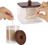 Tbestmax Qtips Holder Bathroom Container, 10 OZ Cotton Ball/Swabs Dispenser, Apothecary Jar Organizer for Storage Brown Wood Lids - Homesidy.com