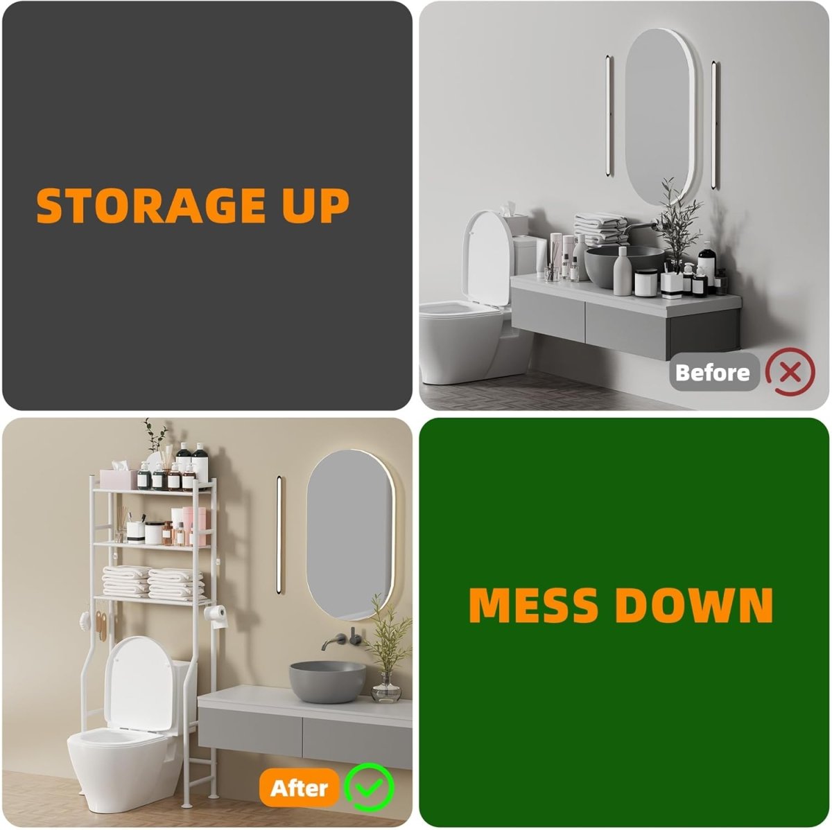 GloTika 3 - Tier Over The Toilet Storage, Space Saver Metal Bathroom Shelves, Freestanding Above Over Toilet Storage Shelf with 4 Hooks for Bathroom, Black - Homesidy.com