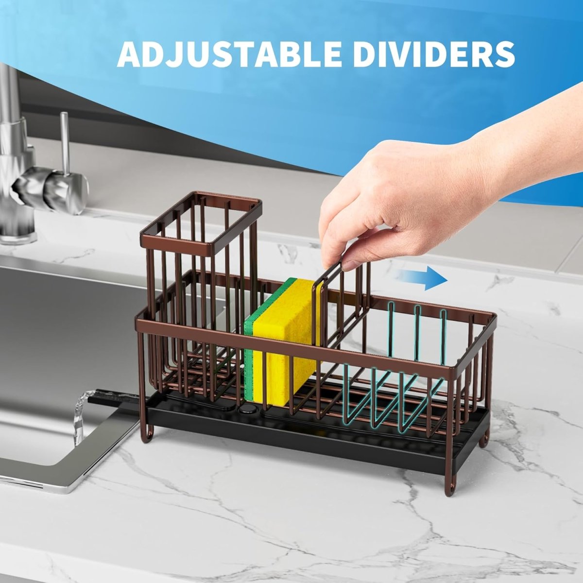 Cisily Black Sponge Holder for Kitchen Sink, Sink Caddy Organizer with High Brush Holder, Kitchen Countertop Organizers and Storage Essentials, Rustproof 304 Stainless Steel, Soap Dispenser Organize - Homesidy.com