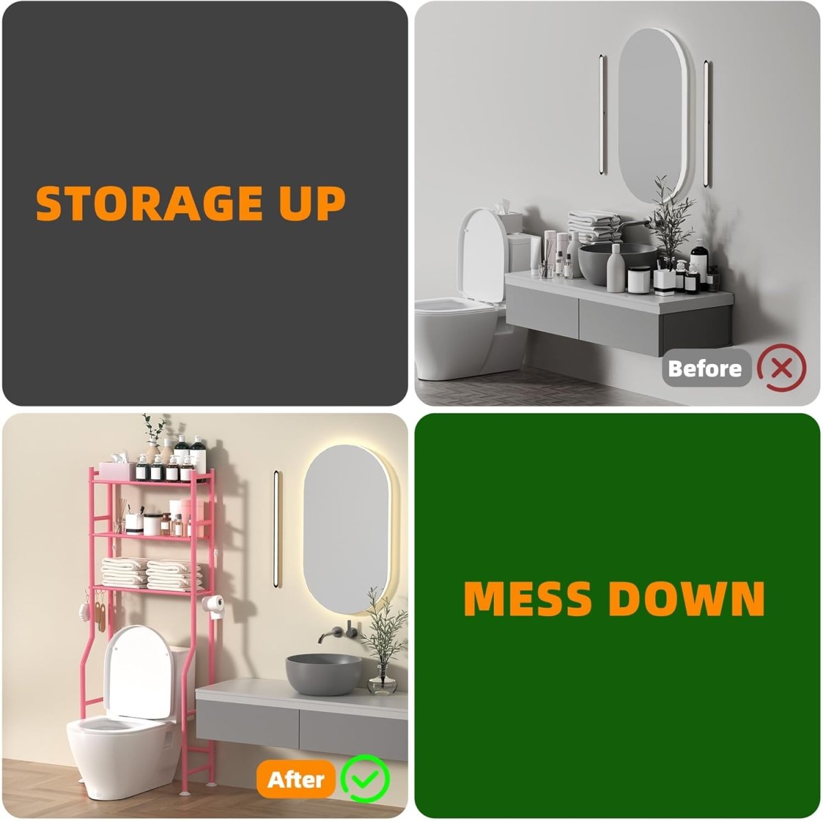 GloTika 3 - Tier Over The Toilet Storage, Space Saver Metal Bathroom Shelves, Freestanding Above Over Toilet Storage Shelf with 4 Hooks for Bathroom, Black - Homesidy.com