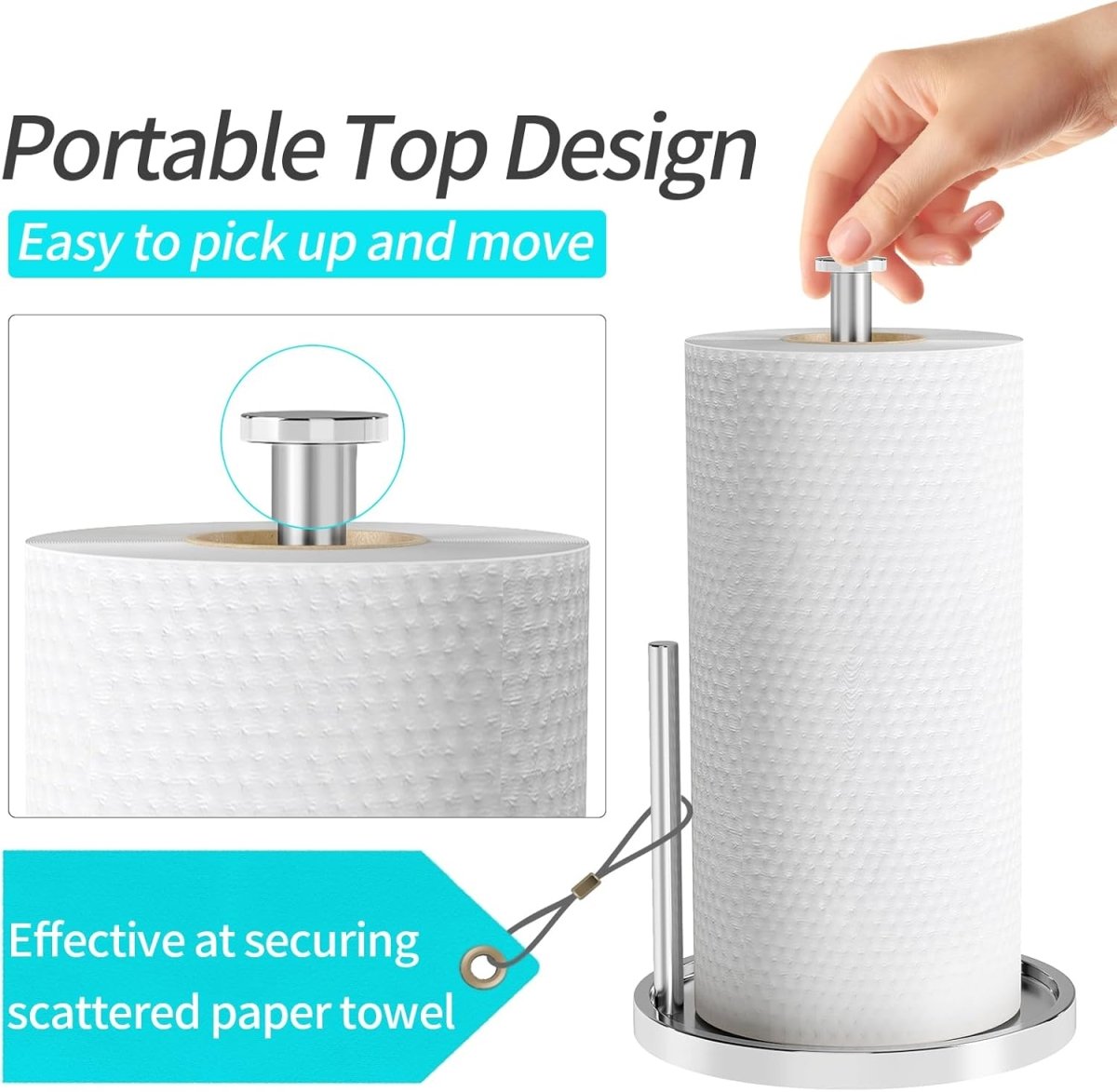 Paper Towel Holder Countertop, Standing Paper Roll Holder with Anti Slip Weighted Base, Stainless Steel Freestanding Paper Towel Holder for Kitchen, Black - Homesidy.com
