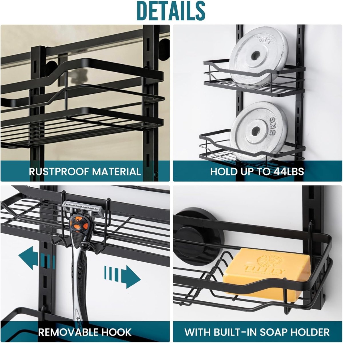 TAILI Shower Caddy Suction Cup 2 Pack with Hooks &amp; Soap holder, Heavy Duty Shower Organizer for Bathroom, No Drilling Bathroom Organizer with Large Capacity, Black Metal Storage Basket - Homesidy.com