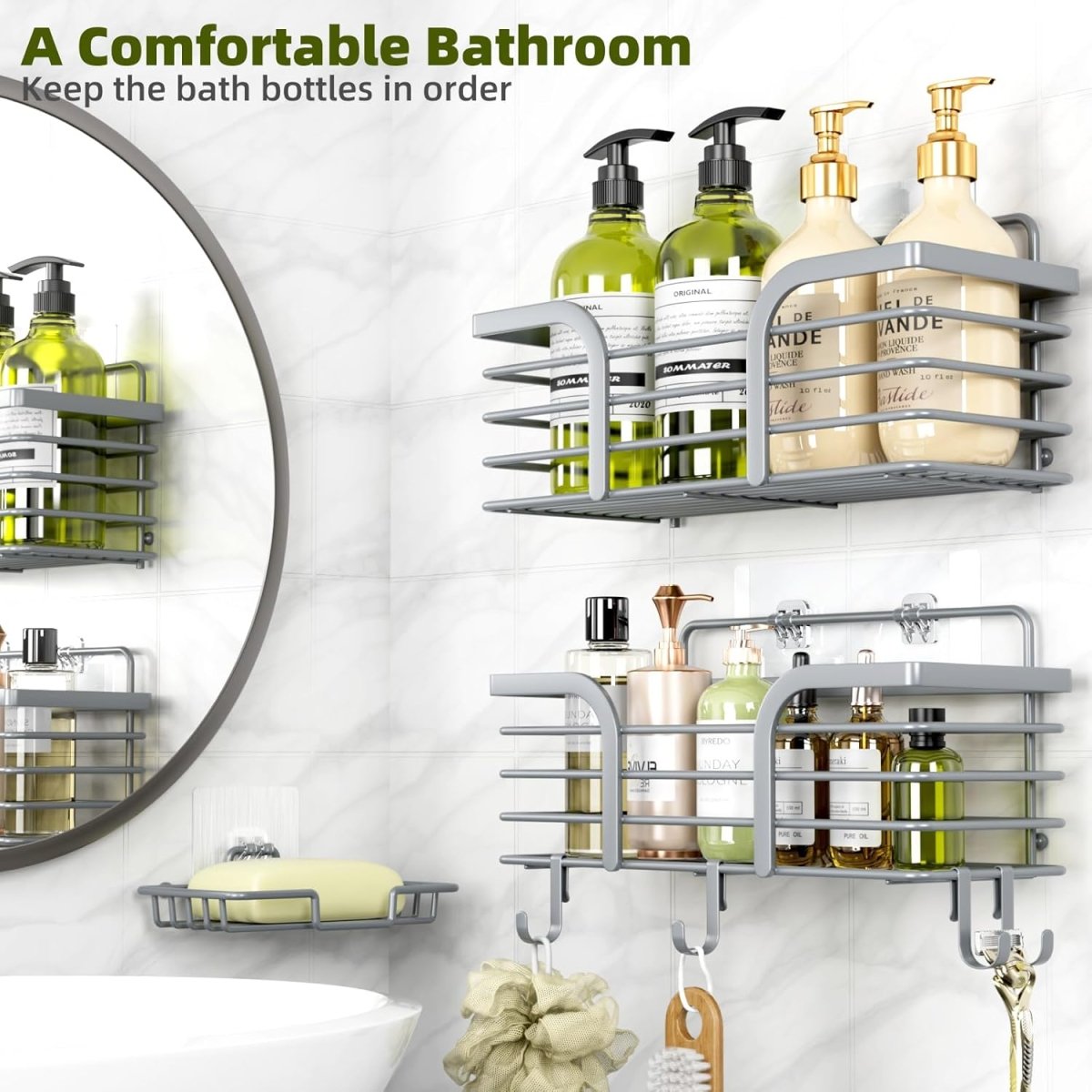 Shower Caddy, Adhesive Shower Organizer with Soap Dish and 4 Hooks, Rustproof Stainless Steel Shower Shelves, Wall Mounted No Drilling Storage Shelf Basket Accessories for Bathroom &amp; Kitchen - Homesidy.com