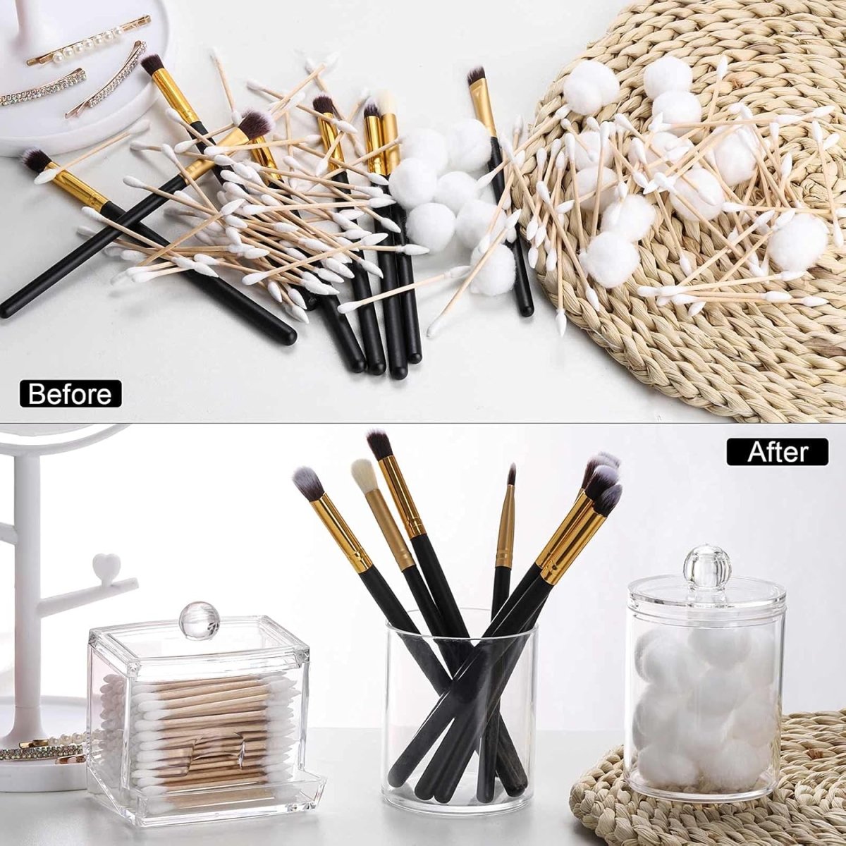 Tbestmax Qtips Holder Bathroom Container, 10 OZ Cotton Ball/Swabs Dispenser, Apothecary Jar Organizer for Storage Brown Wood Lids - Homesidy.com