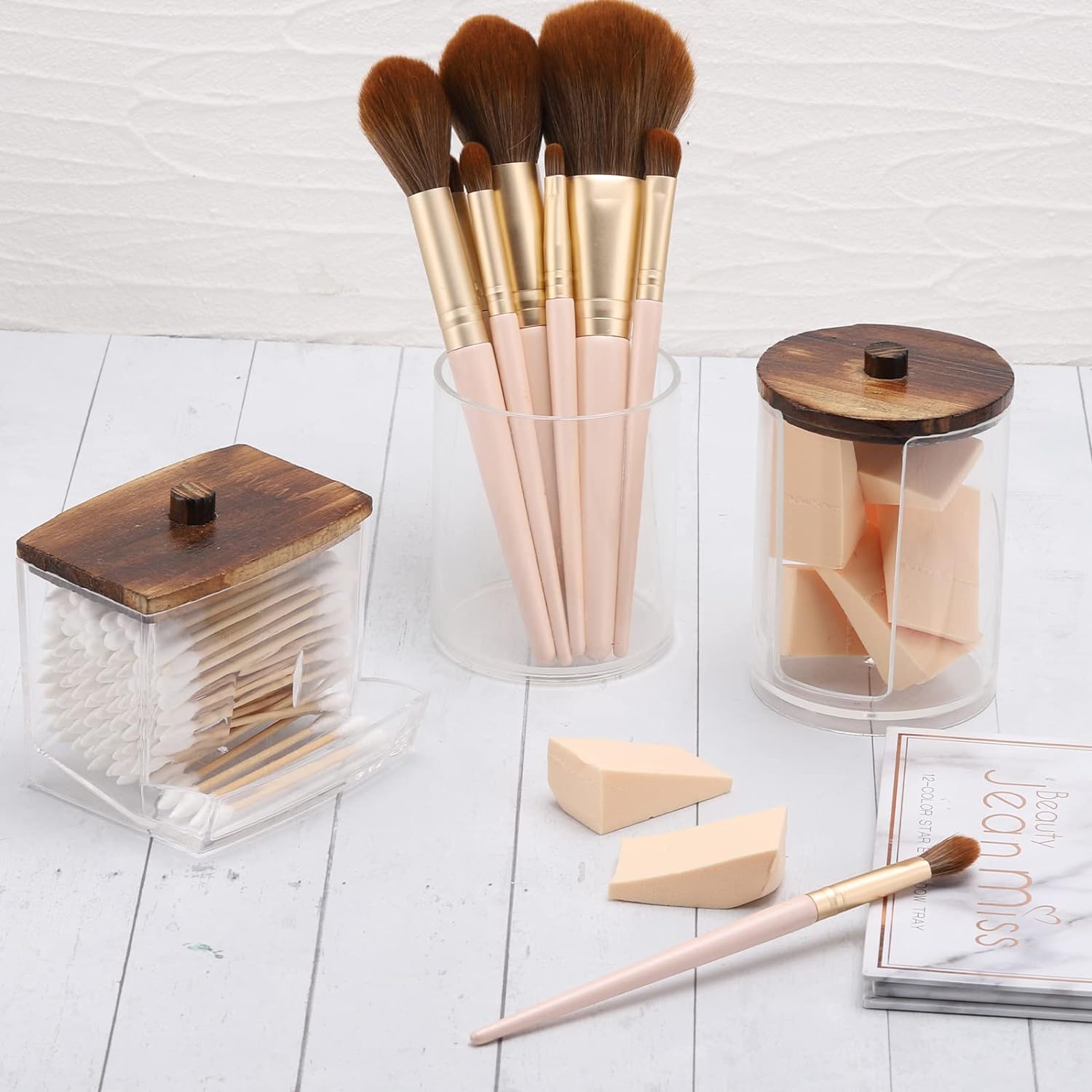 Tbestmax Qtips Holder Bathroom Container, 10 OZ Cotton Ball/Swabs Dispenser, Apothecary Jar Organizer for Storage Brown Wood Lids - Homesidy.com