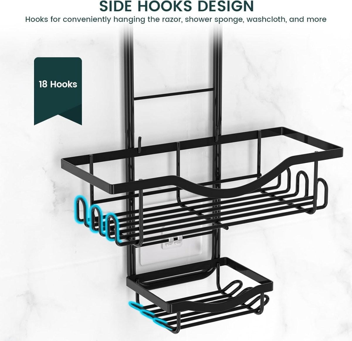 Shower Caddy Hanging Adjustable Shower Caddy, Rustproof Shower Organizer Extended Length Shower Caddy Over Shower Head with Hooks Soap Holder, Large Capacity Anti - Swing Bathroom Organizer, Black - Homesidy.com