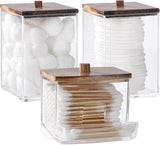 Tbestmax Qtips Holder Bathroom Container, 10 OZ Cotton Ball/Swabs Dispenser, Apothecary Jar Organizer for Storage Brown Wood Lids - Homesidy.com