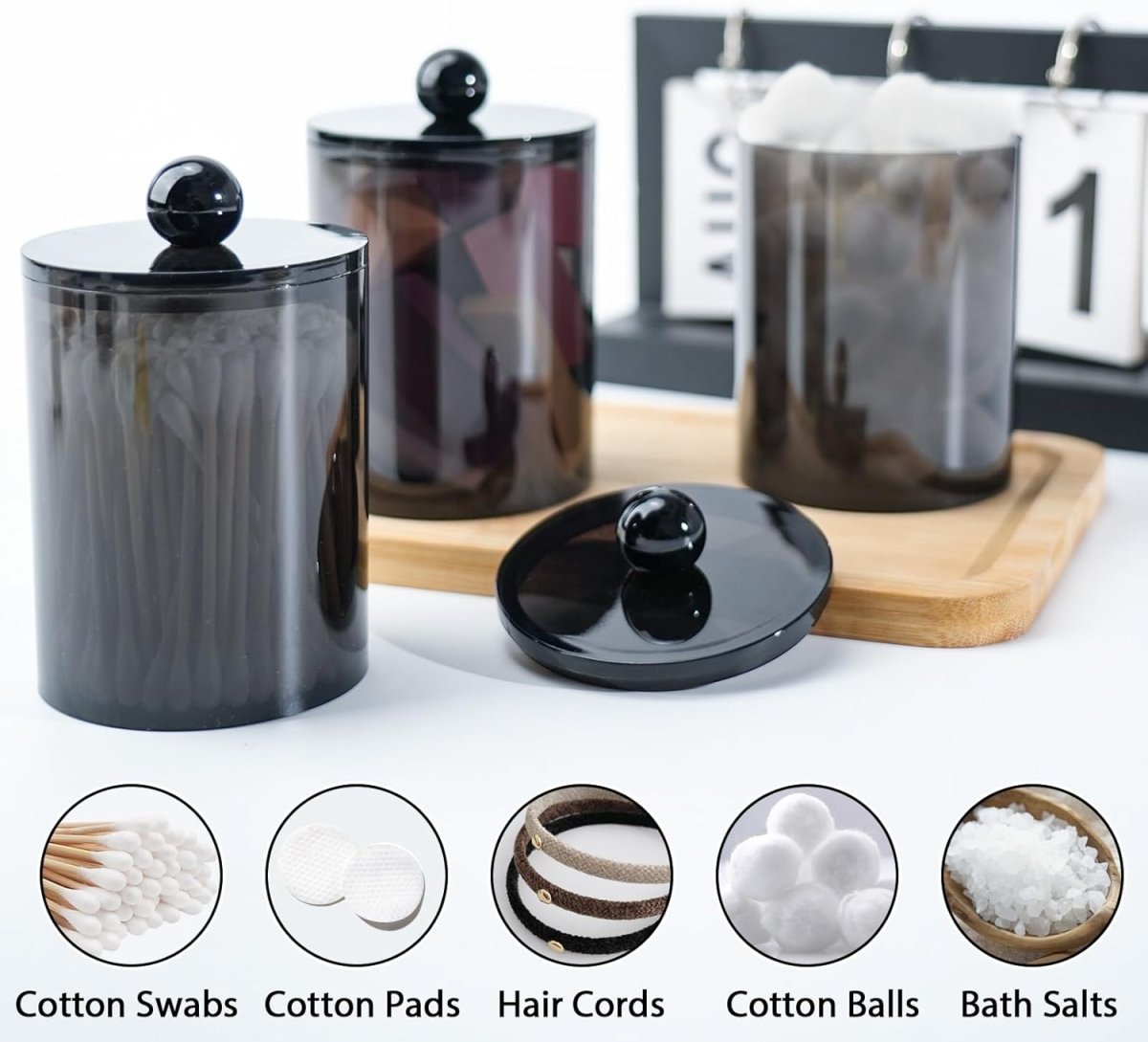 XIPENGKEJI 2 Pack Qtip Holder,Canister Apothecary Jar Set, Bathroom Jars with Lids Set for Cotton Swabs, Balls, Pads, Floss Picks,10oz - 12oz Plastic Canisters Restroom Bedroom Vanity Organizer(Black) - Homesidy.com