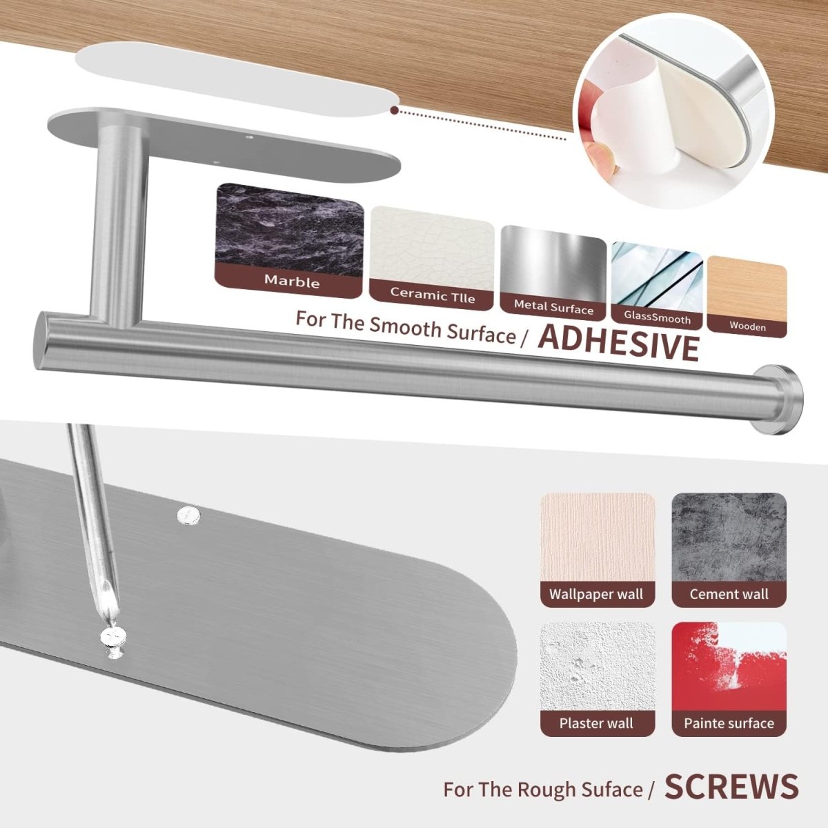 DEKAVA Paper Towel Holder Under Cabinet Wall Mount for Kitchen Towel, Self - Adhesive Bar, Rack, SUS304 Stainless Steel 13 inch (BlackA, 1) - Homesidy.com