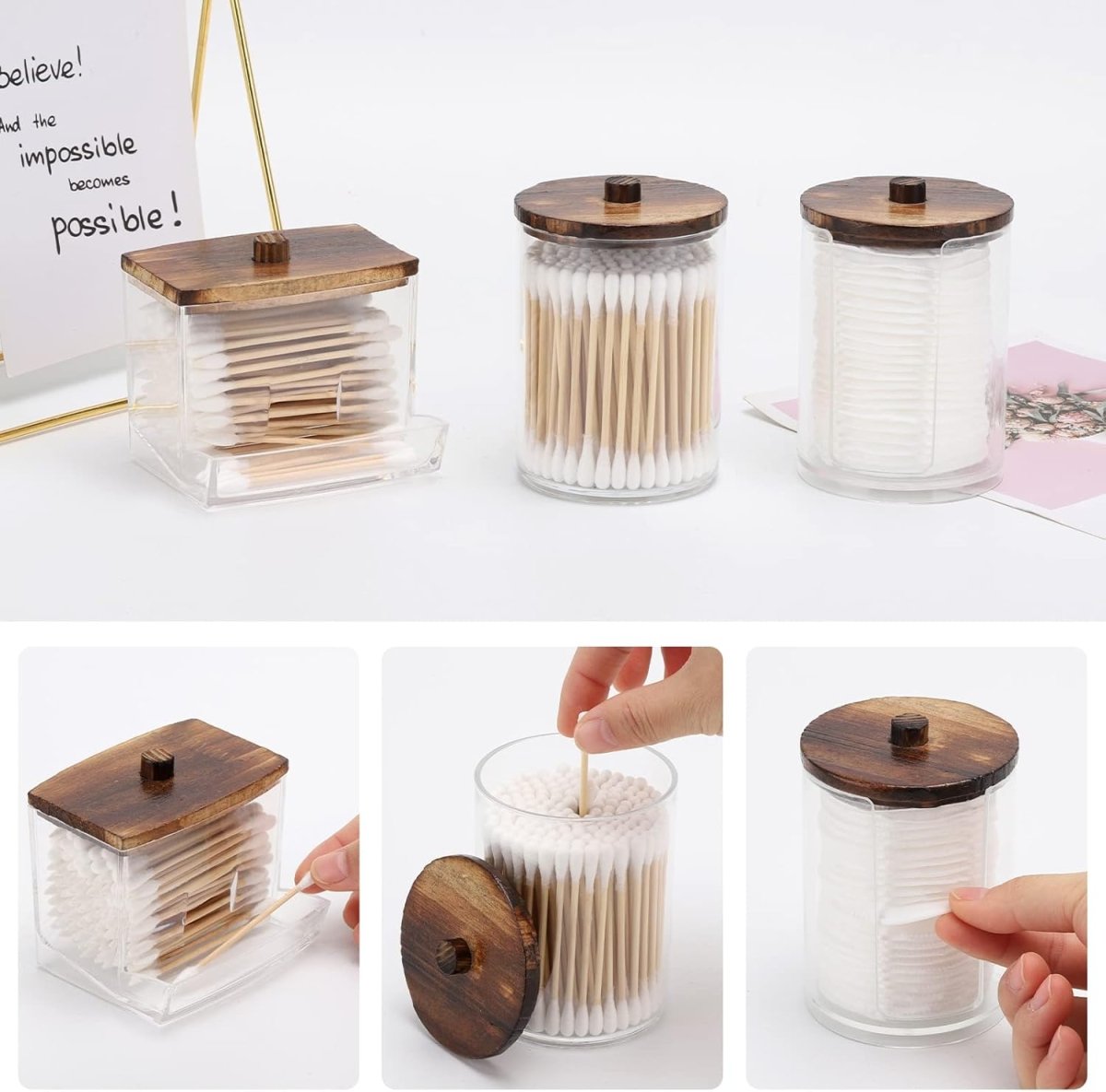 Tbestmax Qtips Holder Bathroom Container, 10 OZ Cotton Ball/Swabs Dispenser, Apothecary Jar Organizer for Storage Brown Wood Lids - Homesidy.com