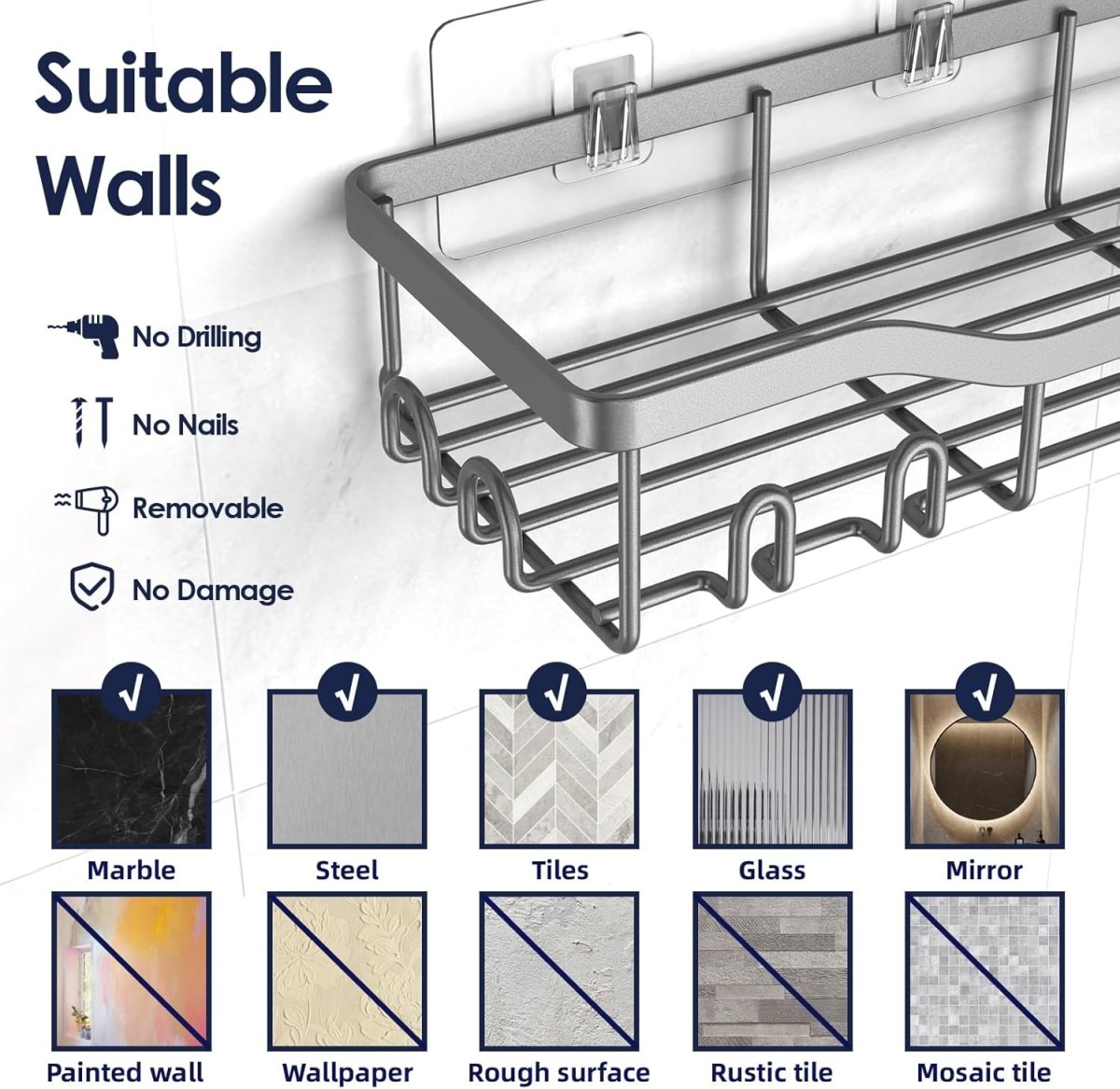 NESOMI Shower Caddy Adhesive Shower Organizer 7 - Pack, Rustproof Stainless Steel Bathroom Shelves, Large Capacity No - Drill Rack Storage Accessories with Soap Dish Toothbrush Holder &amp;24 Hooks Home Decor - Homesidy.com