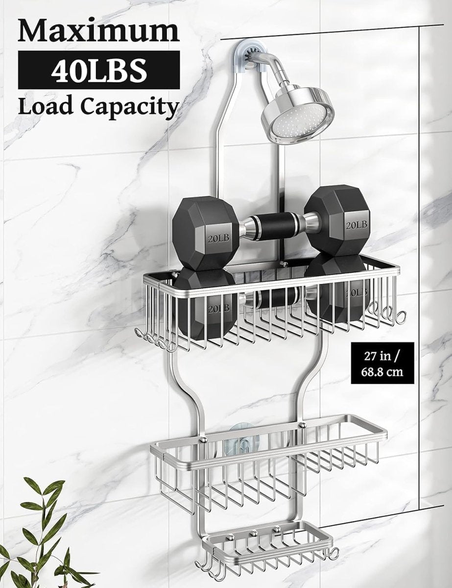 YASONIC Shower Caddy Hanging - Never Rust Shower Organizer - Aluminum Over The Head Caddy with 10 Hooks for Razor/Sponge - Rack with Soap Basket - Silver - Homesidy.com