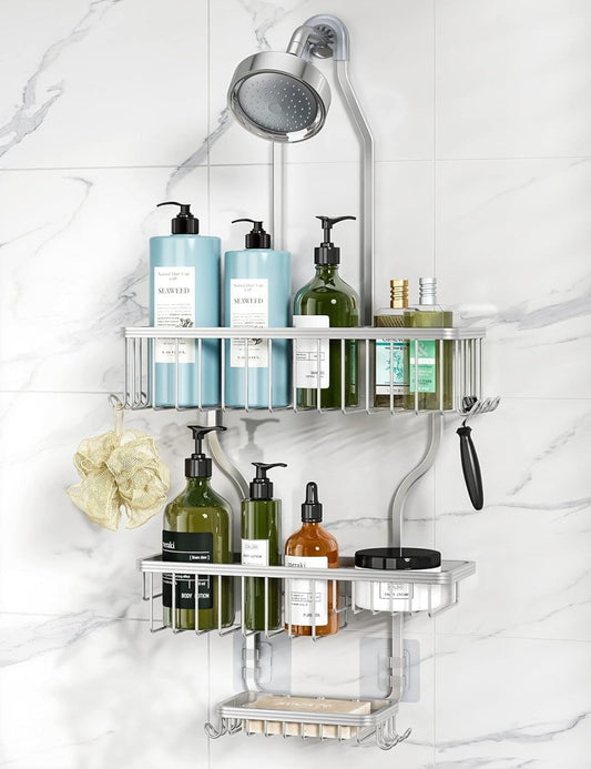 YASONIC Shower Caddy Hanging - Never Rust Shower Organizer - Aluminum Over The Head Caddy with 10 Hooks for Razor/Sponge - Rack with Soap Basket - Silver - Homesidy.com