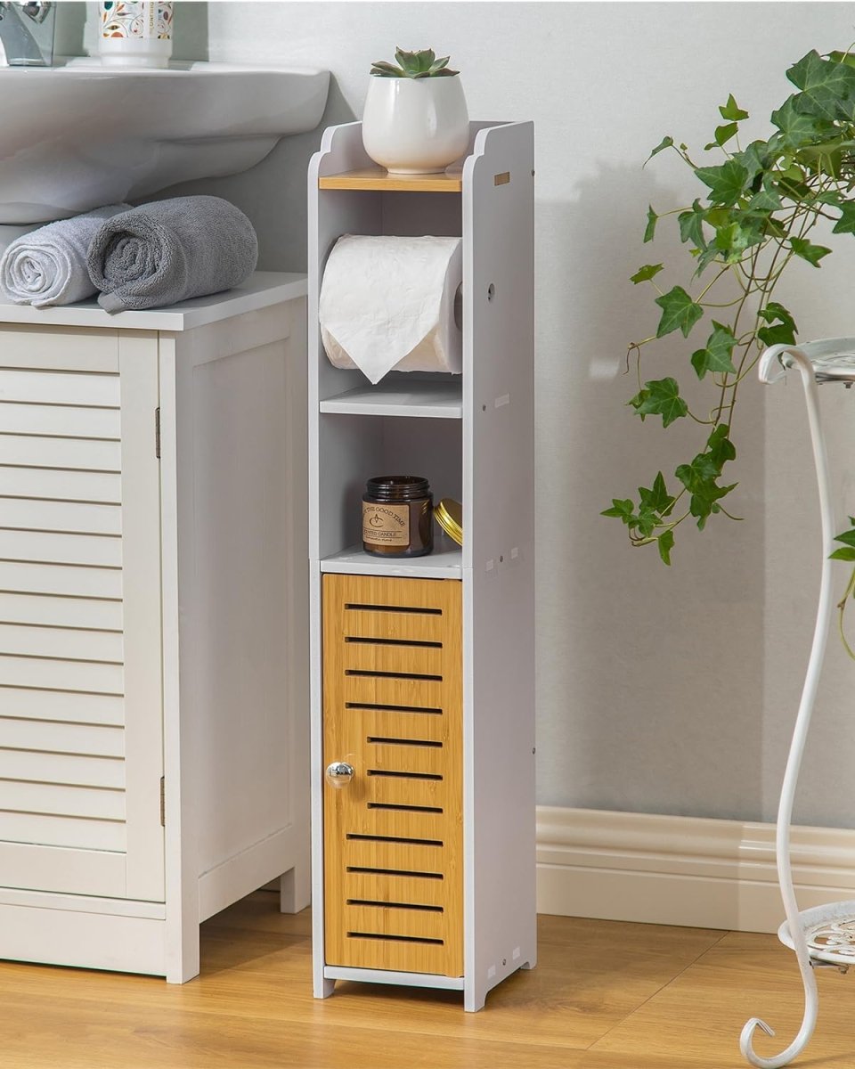 AOJEZOR Toilet Paper Holder Stand: No Drill PVC Small Bathroom Cabinet for Apartment Dwellers - Rental Deposit Protection - Small Space Storage Saving - Homesidy.com