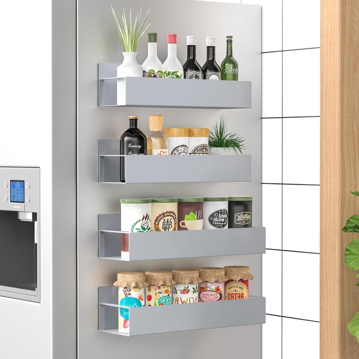 HuggieGems Metal 4 Pack Magnetic Spice Storage Rack Organizer for Refrigerator and Oven, Black Fridge Organizers and Storage - Homesidy.com