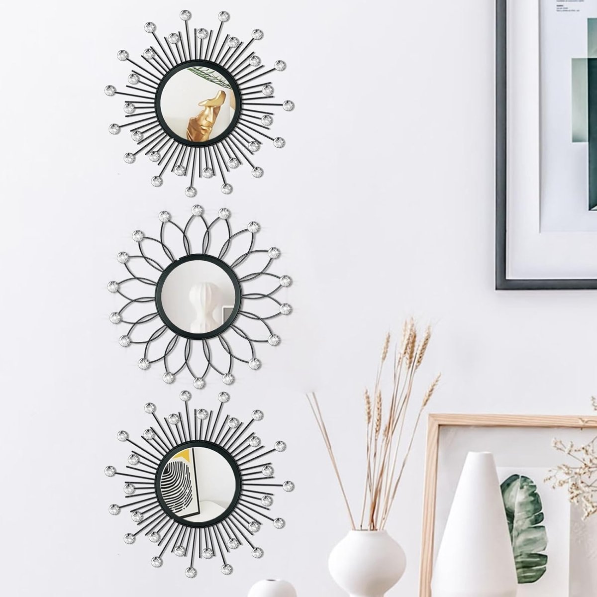 3 Pack Metal Mirrors for Wall Sunburst Wall Mirrors Home Décor Decorative Hanging Wall Art for Living Room Bedroom Entryway (Gold, Flower Sunburst) - Homesidy.com