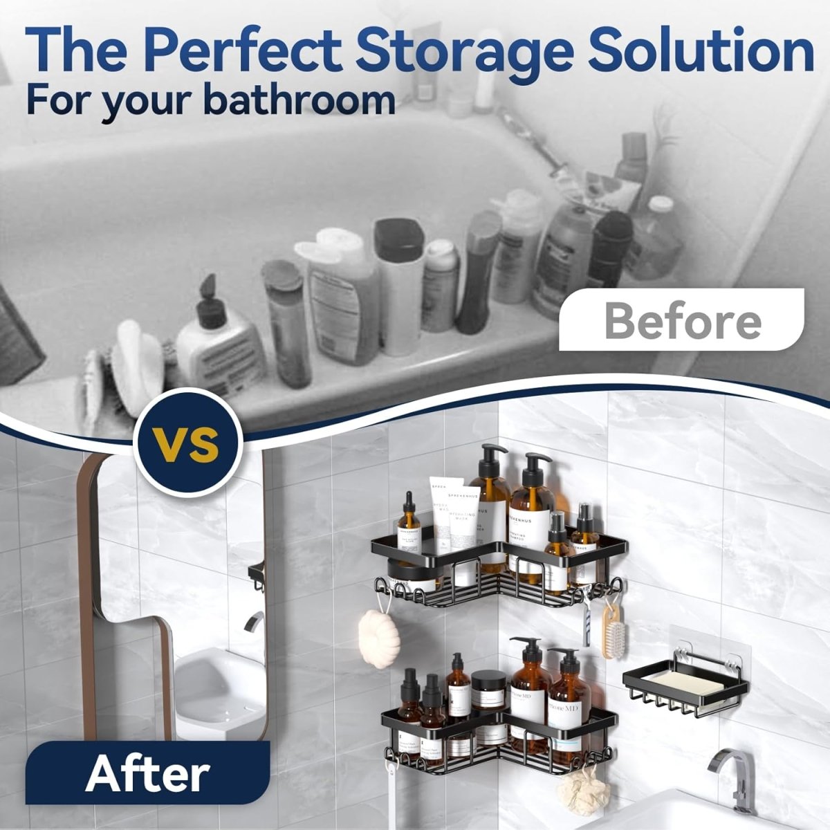 YASONIC Corner Adhesive Shower Caddy, with Soap Holder and 12 Hooks, Rustproof Stainless Steel Bathroom Organizer, No Drilling Wall Mounted Rack, Black, 3 - Pack - Homesidy.com