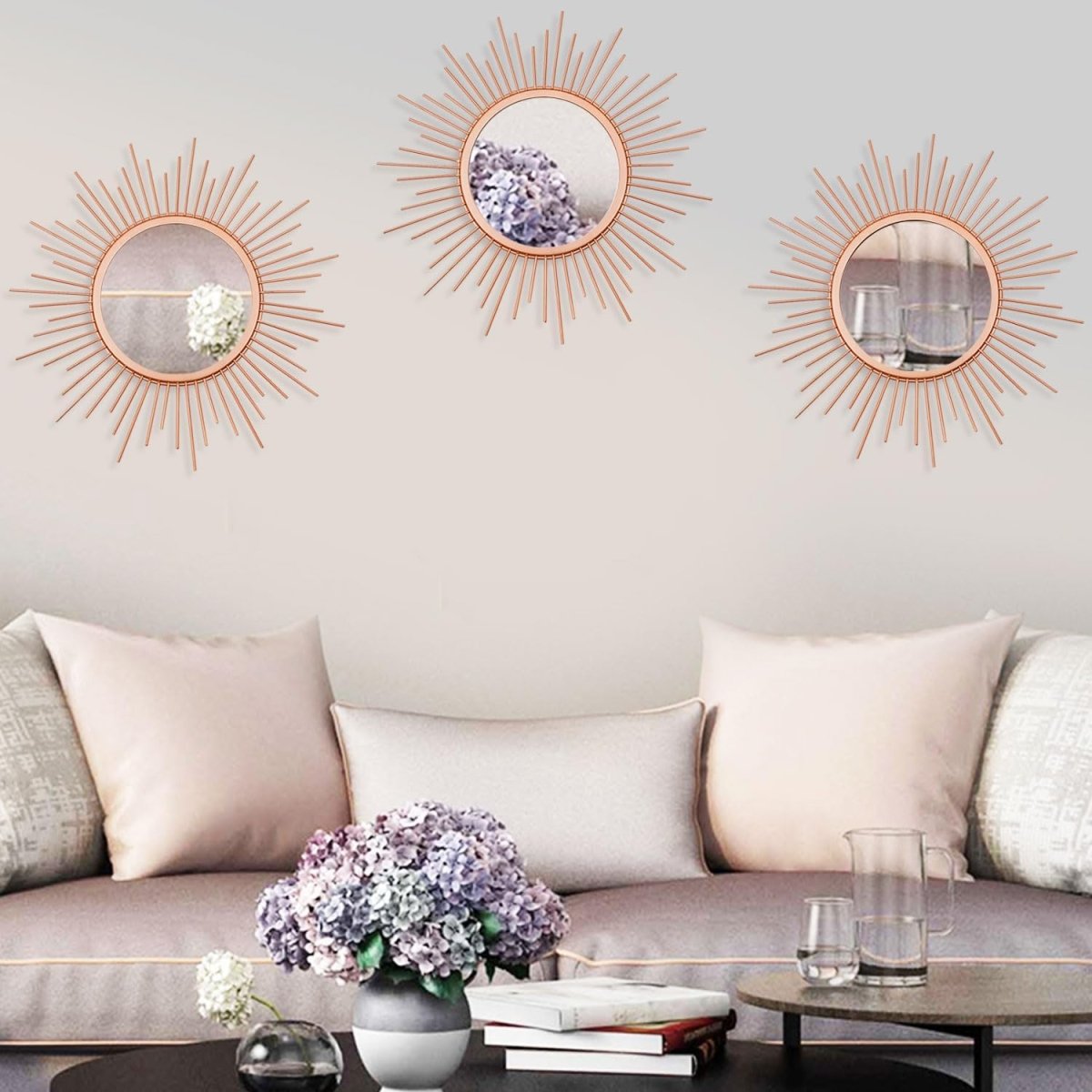 3 Pack Metal Mirrors for Wall Sunburst Wall Mirrors Home Décor Decorative Hanging Wall Art for Living Room Bedroom Entryway (Gold, Flower Sunburst) - Homesidy.com