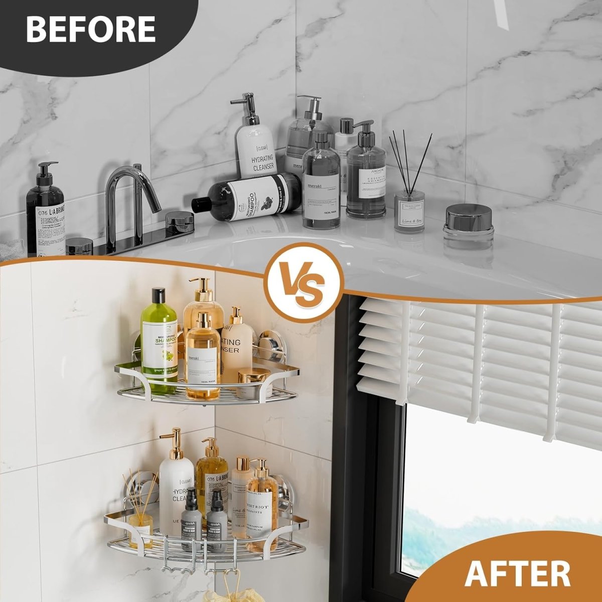 LEVERLOC Corner - adaptive Suction Cup Shower Caddies 2 Pack, Stainless Steel Rustproof Corner Shower Shelf, Large Capacity Removable Suction Cup Bathroom Organizer, Drill - Free Wall Mounted Basket, Gray - Homesidy.com