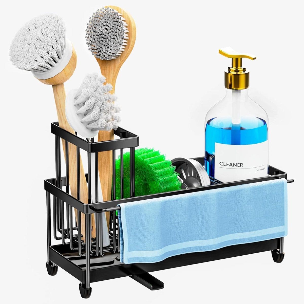 Cisily Black Sponge Holder for Kitchen Sink, Sink Caddy Organizer with High Brush Holder, Kitchen Countertop Organizers and Storage Essentials, Rustproof 304 Stainless Steel, Soap Dispenser Organize - Homesidy.com