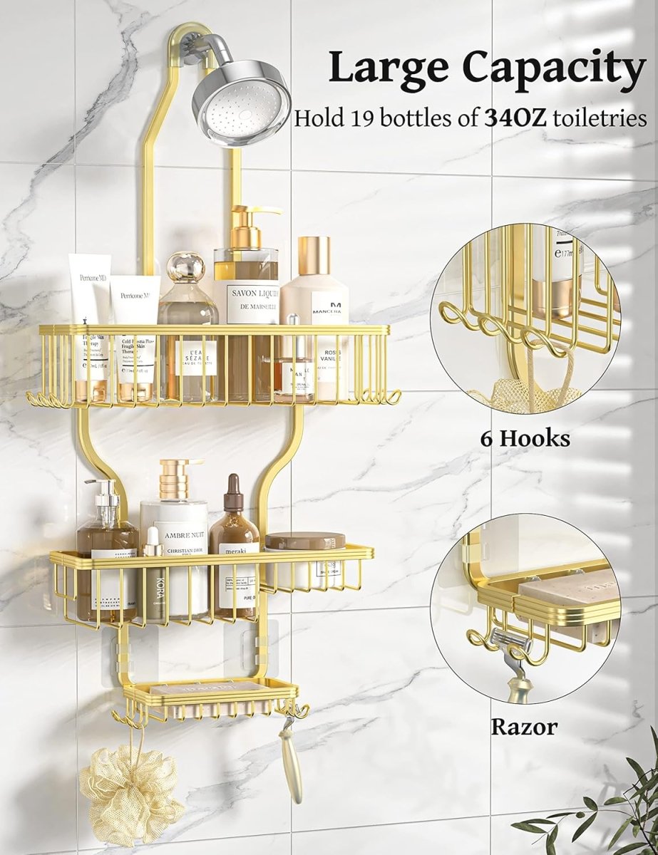YASONIC Shower Caddy Hanging - Never Rust Shower Organizer - Aluminum Over The Head Caddy with 10 Hooks for Razor/Sponge - Rack with Soap Basket - Silver - Homesidy.com