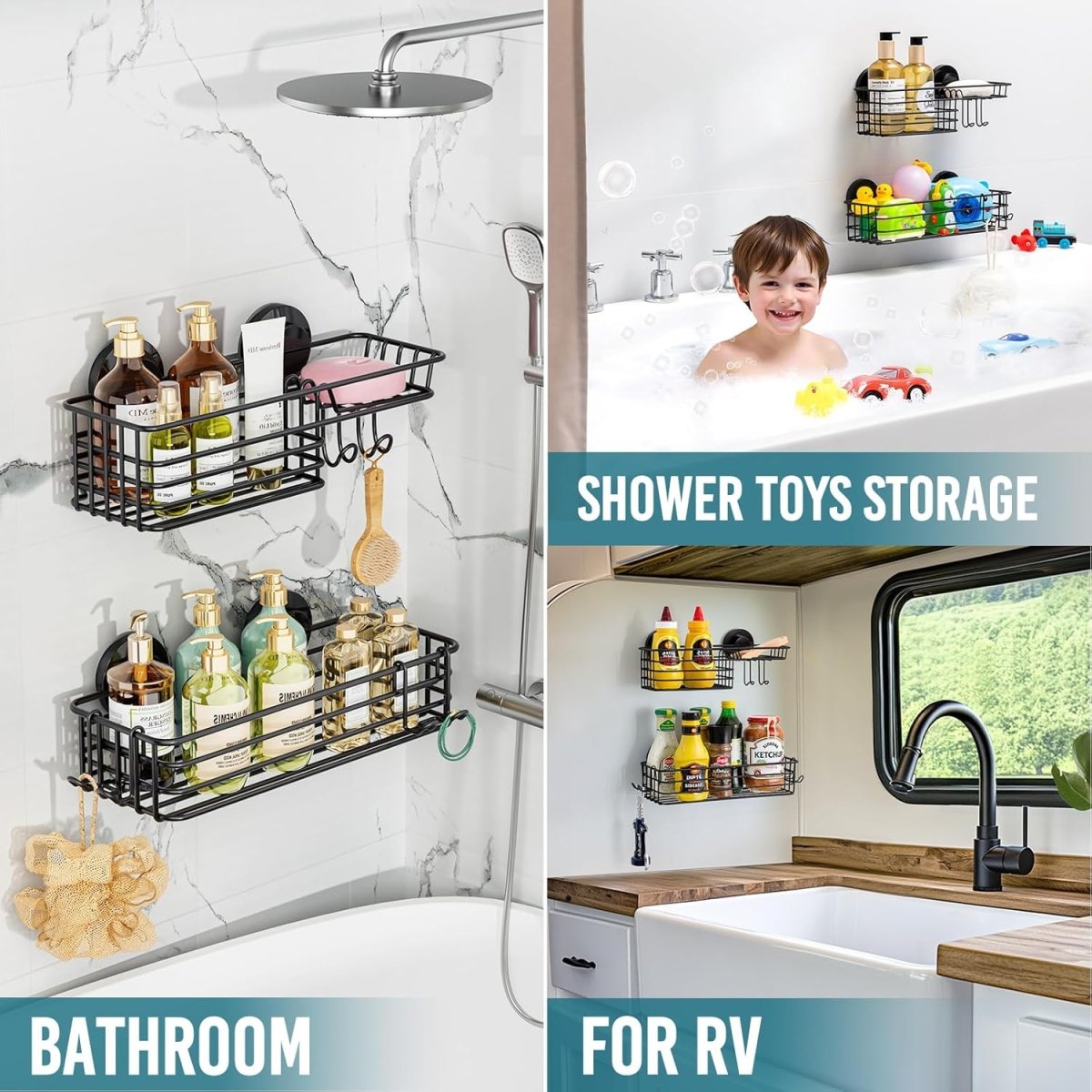 TAILI Shower Caddy Suction Cup 2 Pack with Hooks &amp; Soap holder, Heavy Duty Shower Organizer for Bathroom, No Drilling Bathroom Organizer with Large Capacity, Black Metal Storage Basket - Homesidy.com